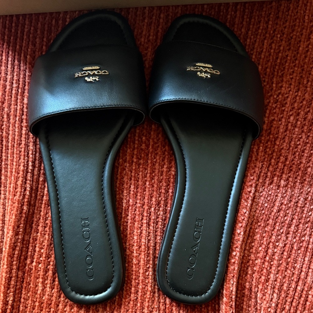 Coach Black Leather Slide Sandals with Gold Logo